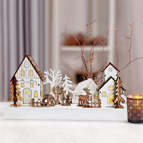 Led vianočná dedinka, 34x17cm, drevo, 4 led, 2x aa 1 solight led vianočná dedinka, 34x17cm, drevo, 4 led, 2x aa, led stromček, vianočná ozdoba, P4you shop.sk