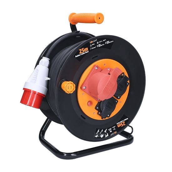 400v / 230v predlžovací kábel na bubne 25m neopren, ip44, 5x1,5mm2 2 solight predlžovací prívod na bubne, zásuvky 400v + 230v, 25m kábel guma neopren 5x1,5mm2, ip44
