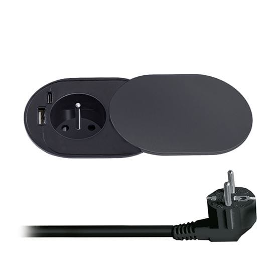 Vstavaná zásuvka s posuvným viečkom1z + usb a+c 20w pd, 2m, matná čierna 2 solight 1z + usb a+c 20w pd vstavaná zásuvka s posuvným viečkom, 2m, matná čierna