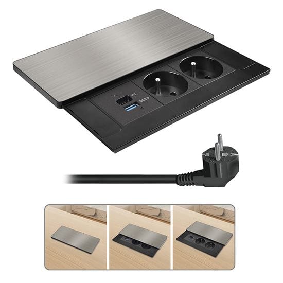 Vstavný blok zásuviek s posuvným krytom, usb a+c 65w 1 solight vestavný blok zásuviek s posuvným krytom, 2 zásuvky, usb a+c 65w pd, 2m, strieborný, skrytá zastrčka