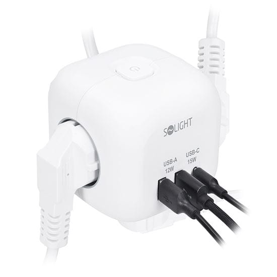 Predlžovací prívod "kocka" s usb-a + usb-c: elegantné riešenie pre váš stôl 5 solight 3z + usb a+c predlžovací prívod kocka, 2m, 3 x 1mm2, biely, vypínač
