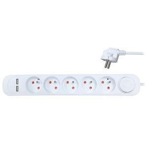 solight predlžovací prívod 5 zásuviek, usb a+a nabíjačka 12w, 3m, 3 x 1mm2, biely, vypínač