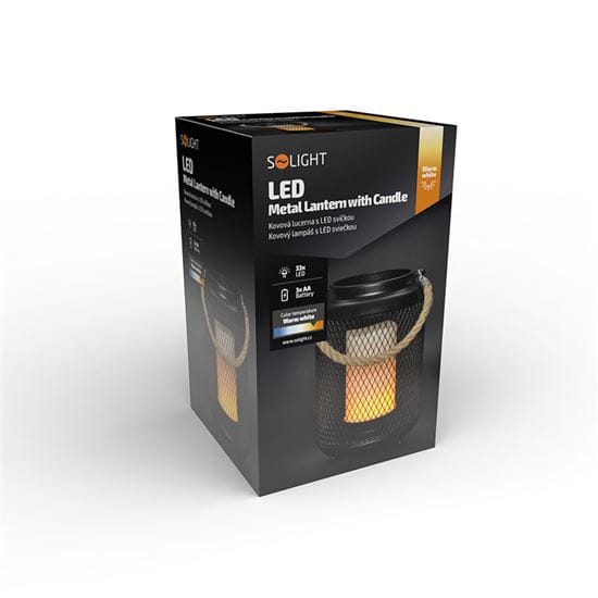 Čierny kovový lampáš s led sviečkou 20cm – efekt plameňa 4 solight kovový lampáš s led sviečkou, teplá biela, 3xaa, čierna, 20cm