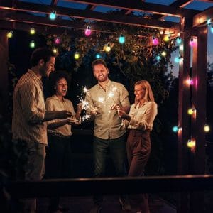 solight led smart vonkajšia reťaz s rgb žiarovkami, bluetooth, 15 žiaroviek, 14m+6m, 10w