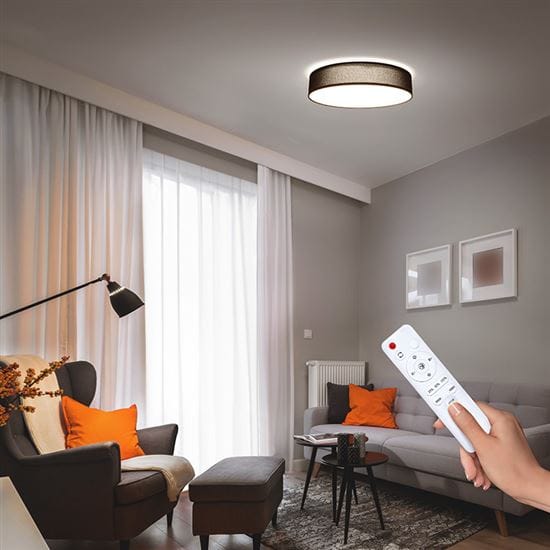 Čierne textilné led svietidlo penley 48w 40cm s ovládačom 2 solight led osvetlenie s diaľkovým ovládaním penley, 48w, 3360lm, 40cm, zmena chromatickosti, stmievateľná